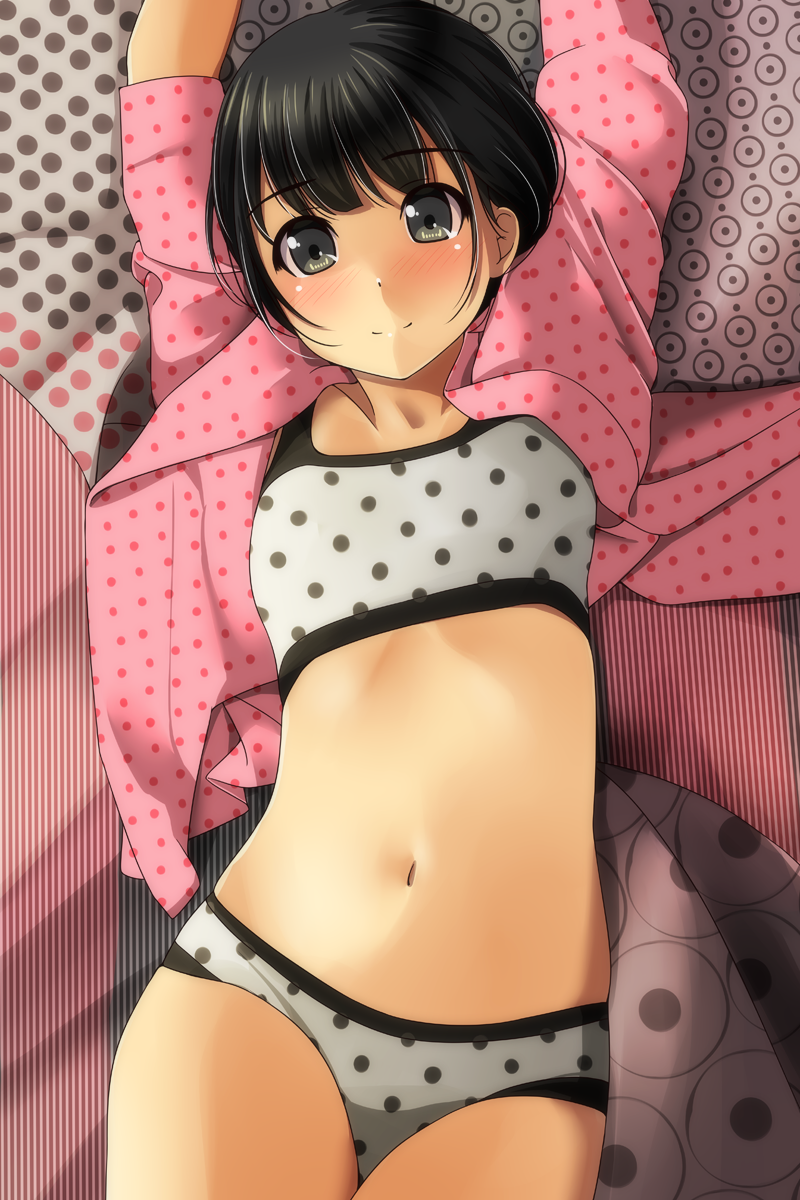 1girl arms_up bangs black_hair bra closed_mouth collarbone cowboy_shot eyebrows_visible_through_hair flat_chest from_above green_eyes grey_bra grey_panties highres jacket looking_at_viewer lying matsunaga_kouyou navel on_back open_clothes open_jacket original panties pink_jacket polka_dot polka_dot_bra polka_dot_jacket polka_dot_panties short_hair short_sleeves smile solo stomach striped tareme underwear unmoving_pattern vertical_stripes