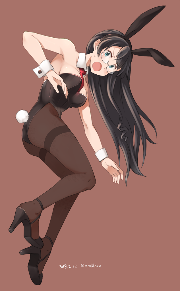 1girl animal_ears black_hair black_leotard brown_background brown_legwear bunny_tail bunnysuit dated detached_collar glasses green_eyes kantai_collection leotard long_hair looking_at_viewer necktie ooyodo_(kantai_collection) open_mouth pantyhose rabbit_ears red_neckwear sakura_(medilore) semi-rimless_eyewear solo strapless strapless_leotard tail thighband_pantyhose twitter_username wrist_cuffs