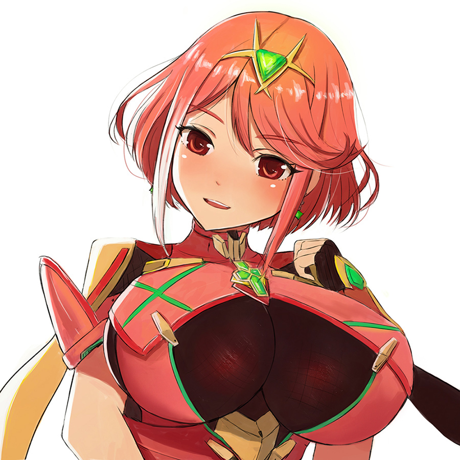 1girl :d bangs blush breasts earrings fingerless_gloves fou_zi gloves half-closed_eyes pyra_(xenoblade) jewelry large_breasts looking_to_the_side open_mouth red_eyes redhead short_hair smile solo swept_bangs tiara upper_body xenoblade xenoblade_2