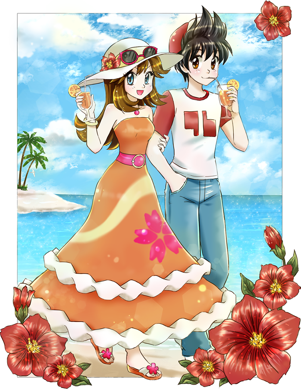 1boy 1girl :d aqua_eyes arm_holding bare_arms bare_shoulders baseball_cap beach belt black_hair blue_(pokemon) blue_sky bracelet breasts brown_hair chikorita85 closed_mouth clouds commentary cup day denim dress drinking_glass eyelashes eyewear_on_headwear flower food fruit full_body glass hand_in_pocket hat hat_flower highres holding holding_drinking_glass island jeans jewelry juice leaf long_dress looking_at_viewer medium_breasts no_shoes open_mouth orange orange_dress orange_eyes orange_juice orange_slice outdoors outside_border palm_tree pants pink_belt pokemon pokemon_special red_(pokemon) sand sandals shirt short_sleeves sidelocks sky sleeveless sleeveless_dress smile socks spiky_hair summer sun_flare sun_hat sundress sunglasses t-shirt tree walking white_border white_shirt