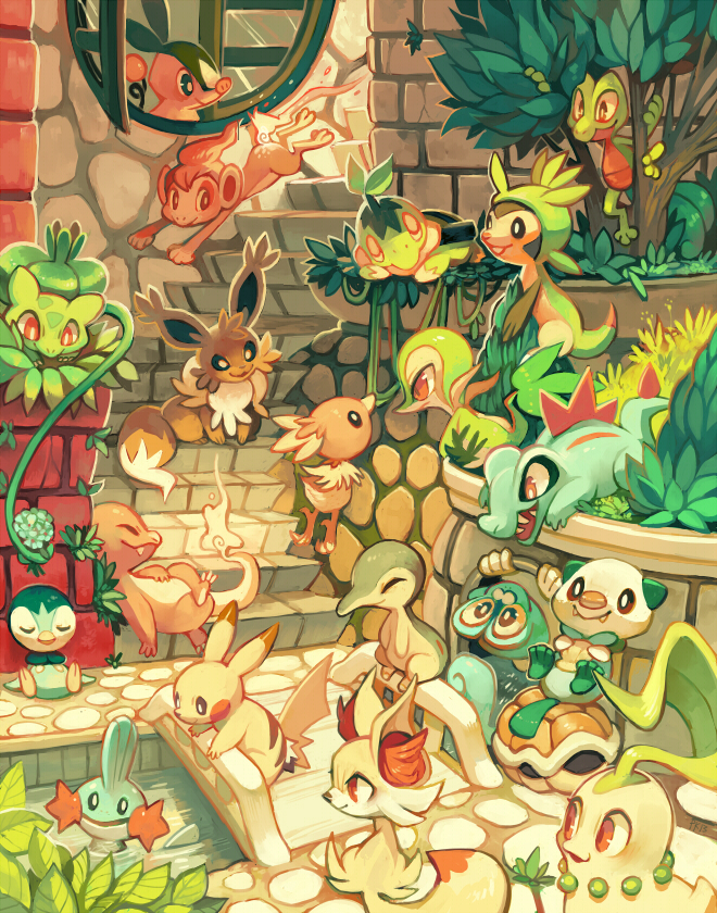 black_eyes blush_stickers brick_wall bridge bulbasaur charmander chespin chikorita chimchar closed_eyes commentary creature cyndaquil eevee fennekin fiery_tail fire floor froakie glitchedpuppet grass leaf monkey mudkip no_humans open_window orange_eyes oshawott pikachu piplup plant pokemon pokemon_(creature) pokemon_(game) pokemon_bw pokemon_dppt pokemon_gsc pokemon_rgby pokemon_rse pokemon_xy red_eyes running sitting sleeping snivy squirtle stairs standing swimming tepig torchic totodile treecko turtle_shell turtwig vines