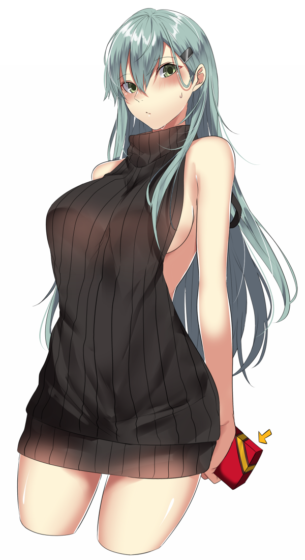 1girl alternate_costume arrow black_sweater blush box breasts commentary_request cropped_legs gift gift_box green_eyes green_hair hair_between_eyes holding holding_gift kantai_collection large_breasts long_hair meme_attire onineko-chan simple_background solo suzuya_(kantai_collection) sweater virgin_killer_sweater white_background