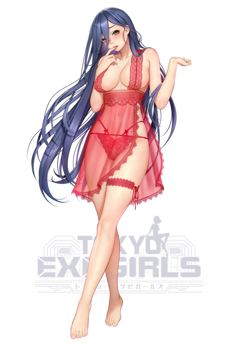 1girl bangs bare_shoulders barefoot blue_eyes blush breasts brown_eyes collarbone commentary_request covered_navel eyebrows_visible_through_hair finger_to_mouth full_body highres large_breasts lingerie logo long_hair looking_at_viewer masami_chie official_art panties revealing_clothes see-through simple_background sleeveless solo standing thigh_strap tokyo_exe_girls underwear very_long_hair white_background