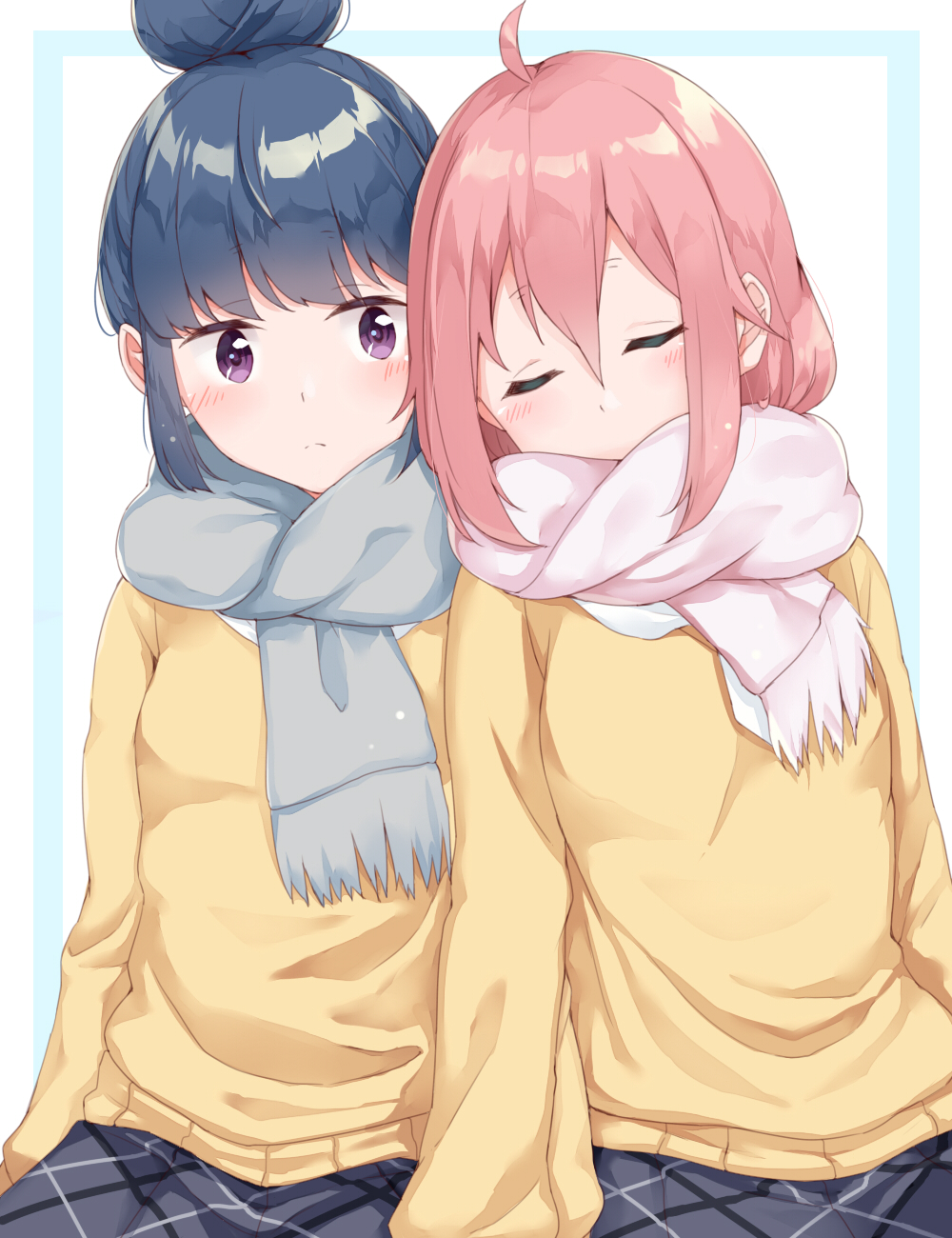 2girls ahoge blue_hair blush closed_eyes eyebrows_visible_through_hair hair_between_eyes hair_bun highres kagamihara_nadeshiko leaning_on_person long_hair matching_outfit multiple_girls pink_hair reina_(leinqchqn) scarf shima_rin skirt sleeping sweater violet_eyes yurucamp