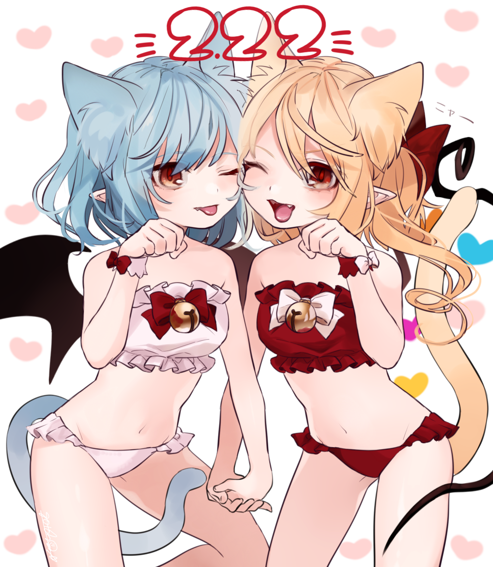 2girls animal_ears artist_name bandeau bare_arms bare_shoulders bat_wings bell blonde_hair blue_eyes blush bow cat_ears cat_tail commentary_request feet_out_of_frame flandre_scarlet frilled_panties frills gotoh510 hair_bow hand_holding heart jingle_bell kemonomimi_mode looking_at_viewer midriff multiple_girls navel no_hat no_headwear open_mouth panties paw_pose pink_bow pink_panties pointy_ears red_bow red_eyes red_panties remilia_scarlet short_hair side_ponytail signature simple_background smile standing strapless tail tongue tongue_out touhou tubetop underwear white_background wings wrist_cuffs