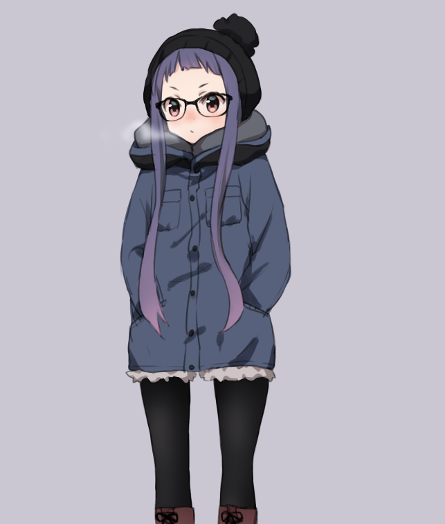 1girl beanie black-framed_eyewear black_hat black_legwear blue_coat blush boots breath brown_eyes brown_footwear closed_mouth commentary_request cross-laced_footwear glasses hands_in_pockets hat hood hood_down hooded_coat lace-up_boots long_hair long_sleeves nuno_(pppompon) pantyhose purple_background purple_hair shima_rin sidelocks simple_background solo standing very_long_hair yurucamp