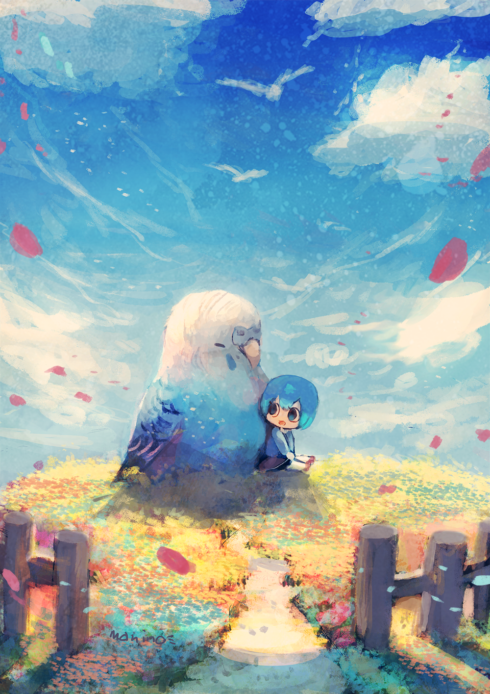 1girl :d animal bird blue_eyes blue_hair blue_sky closed_eyes clouds cloudy_sky commentary_request fence field flower flower_field highres hill long_sleeves looking_back manino_(mofuritaionaka) open_mouth original outdoors oversized_animal pantyhose parakeet scenery shoes short_hair sitting skirt sky smile white_legwear