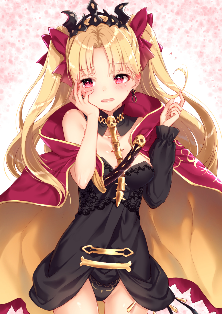 1girl bangs black_leotard blonde_hair breasts cowboy_shot detached_collar ereshkigal_(fate/grand_order) eyebrows_visible_through_hair fate/grand_order fate_(series) flying_sweatdrops gluteal_fold hair_ribbon hand_on_own_cheek highres hug leotard long_hair long_sleeves looking_away looking_to_the_side nunucco parted_bangs pink_background pink_cape pink_eyes pink_ribbon ribbon shiny shiny_hair single_detached_sleeve skull small_breasts solo spine standing tiara twintails very_long_hair