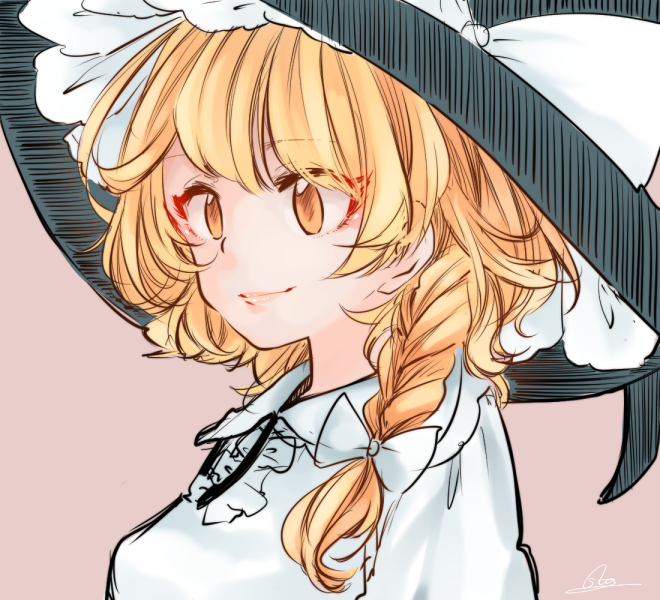 1girl bangs blonde_hair bow braid brown_background closed_mouth eyebrows_visible_through_hair hair_bow hat hat_bow kirisame_marisa side_braid signature simple_background single_braid solo souta_(karasu_no_ouchi) touhou upper_body white_bow witch_hat yellow_eyes