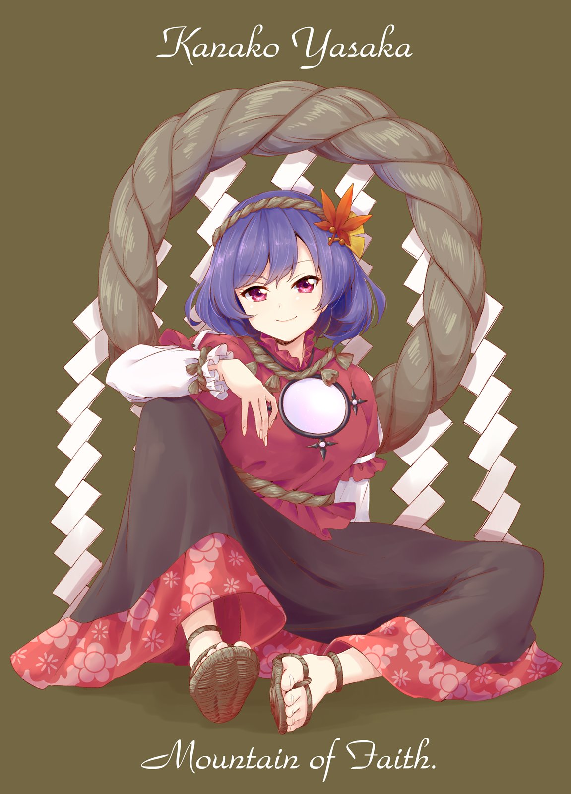 1girl arm_rest bangs black_skirt breasts character_name copyright_name english eyebrows_visible_through_hair floral_print frilled_shirt frilled_sleeves frills full_body hair_ornament highres ksk_(semicha_keisuke) leaf leaf_hair_ornament long_skirt long_sleeves looking_at_viewer maple_leaf mirror mountain_of_faith multicolored multicolored_clothes multicolored_skirt purple_hair red_shirt rope sandals shide shimenawa shirt short_hair short_over_long_sleeves simple_background sitting skirt smile solo swept_bangs touhou waraji yasaka_kanako