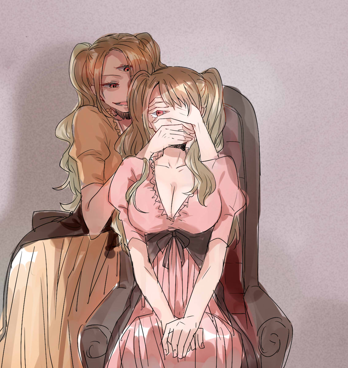 2girls breasts brown_hair chair charlotte_pudding cleavage covering_another's_eyes covering_another's_mouth dual_persona highres large_breasts long_hair looking_at_another multiple_girls one_piece red_eyes sitting sketch tang_fen_yifu third_eye two_side_up