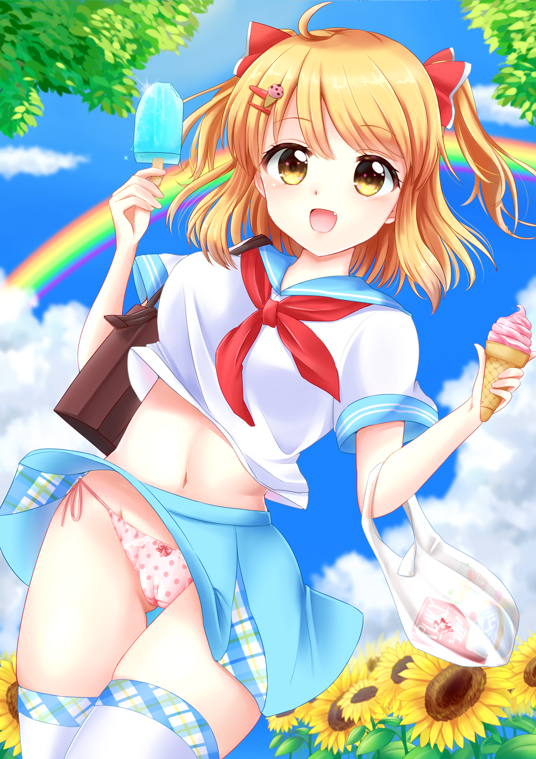 1girl :d ahoge bag blonde_hair blue_skirt blue_sky brown_eyes clouds day fang flower food food_themed_hair_ornament hair_ornament handbag highres ice_cream_cone looking_at_viewer moe2018 nari_(hoooooolic) navel open_mouth original panties pink_panties popsicle rainbow school_uniform shopping_bag short_hair skirt sky smile solo standing sunflower thigh-highs thigh_gap underwear upskirt white_legwear