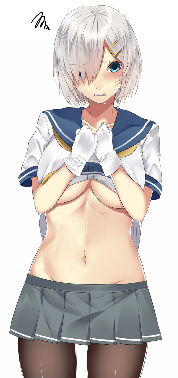1girl ascot blue_eyes blue_sailor_collar blush breasts brown_legwear clenched_hands collarbone commentary_request cowboy_shot eyes_visible_through_hair gloves grey_skirt groin hair_ornament hair_over_one_eye hairclip hamakaze_(kantai_collection) hands_up highres kantai_collection large_breasts legs_apart looking_at_viewer midriff miniskirt navel no_bra onineko-chan open_mouth pantyhose pleated_skirt sailor_collar school_uniform serafuku shirt_lift short_hair short_sleeves silver_hair simple_background skirt solo squiggle standing stomach sweatdrop tearing_up tears teeth under_boob white_background white_gloves yellow_neckwear