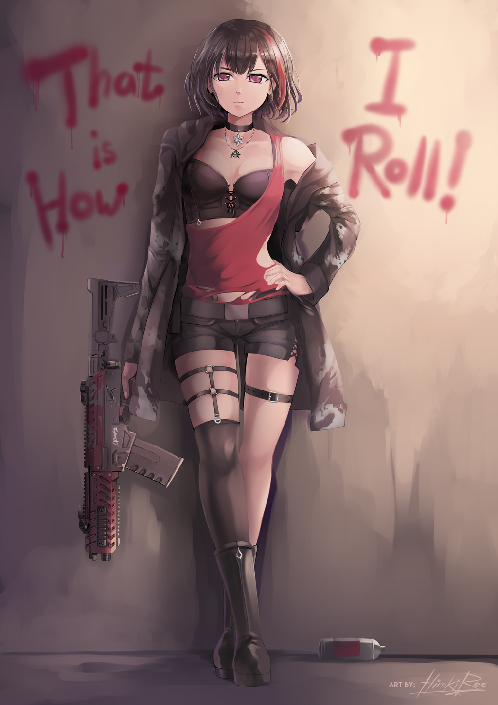 1girl against_wall artist_name asymmetrical_clothes bang_dream! bangs belt black_choker black_footwear black_legwear black_shorts boots breasts brown_hair choker cleavage closed_mouth coat collarbone english full_body graffiti gun hand_on_hip highres hiroki_ree holding holding_gun holding_weapon jewelry knee_boots legs_crossed light long_sleeves looking_at_viewer medium_breasts midriff mitake_ran multicolored_hair necklace o-ring off_shoulder open_clothes open_coat pendant redhead short_hair short_shorts shorts signature single_bare_shoulder single_strap single_thighhigh smile solo streaked_hair submachine_gun thigh-highs thigh_strap torn_clothes trigger_discipline watson_cross weapon