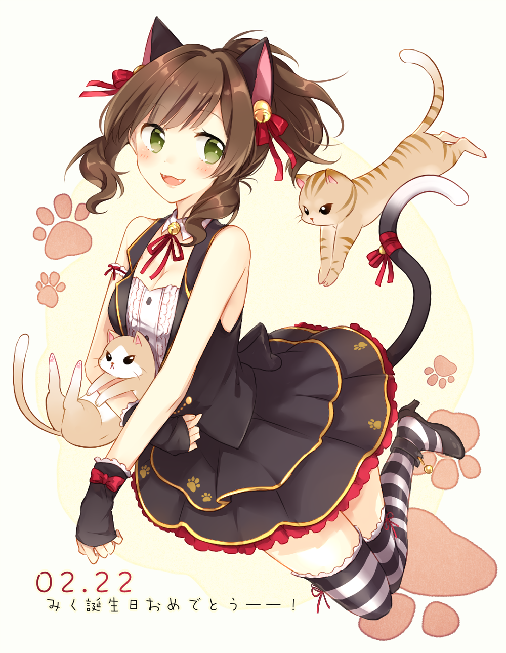 1girl :d animal animal_ears animal_hug bare_shoulders bell black_dress black_footwear blush brown_hair cat cat_ears cat_girl cat_tail commentary_request dated detached_collar dress fangs full_body green_eyes hair_bell hair_ornament hair_ribbon high_heels highres idolmaster idolmaster_cinderella_girls jingle_bell kemonomimi_mode leafwow long_hair maekawa_miku neck_ribbon open_mouth ponytail red_ribbon ribbon sidelocks sleeveless sleeveless_dress smile solo striped striped_legwear tail tail_bell tail_ribbon thigh-highs translation_request white_collar wrist_cuffs