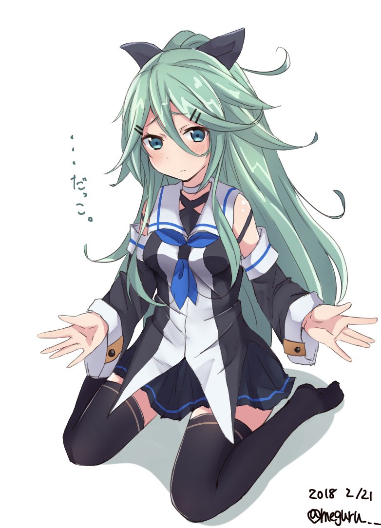 1girl bangs black_legwear black_ribbon black_serafuku black_skirt blue_neckwear commentary_request dated detached_sleeves green_eyes green_hair hair_between_eyes hair_flaps hair_ornament hair_ribbon hairclip kantai_collection long_hair meguru_(megurunn) neckerchief parted_bangs pleated_skirt ponytail ribbon school_uniform serafuku sidelocks simple_background sitting skirt solo thigh-highs twitter_username wariza white_background yamakaze_(kantai_collection)