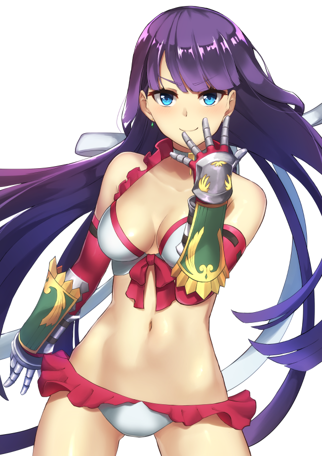 &gt;:) 1girl bikini blue_eyes bow_bikini choker commentary_request cowboy_shot eyebrows_visible_through_hair fate/grand_order fate_(series) frilled_bikini frills gauntlets hair_ribbon jojo_no_kimyou_na_bouken jojo_pose long_hair navel p!nta pose purple_hair ribbon saint_martha saint_martha_(swimsuit_ruler)_(fate) simple_background solo swimsuit very_long_hair white_background white_bikini