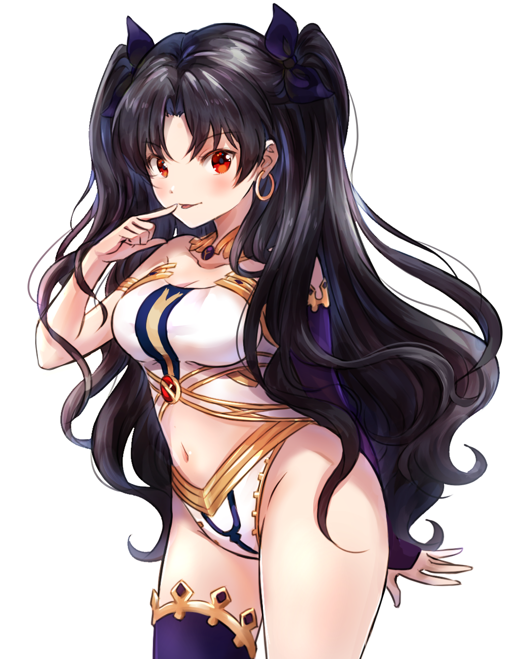 1girl :p black_hair black_ribbon blush breasts earrings fate/grand_order fate_(series) hair_ribbon highres hoop_earrings ishtar_(fate/grand_order) jewelry long_hair medium_breasts melynx_(user_aot2846) navel red_eyes ribbon simple_background single_thighhigh solo standing thigh-highs tongue tongue_out two_side_up white_background