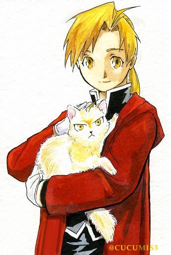1boy alphonse_elric animal black_shirt blonde_hair carrying cat cat_day coat conqueror_of_shambala fullmetal_alchemist gloves long_hair looking_at_viewer male_focus petting ponytail red_coat shirt simple_background smile twitter_username urikurage white_background yellow_eyes