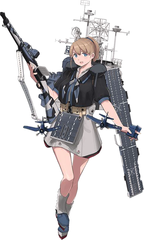 1girl :d aircraft airplane bangs bare_arms between_fingers black_jacket blue_eyes blue_footwear breasts bullet collared_jacket cropped_jacket dress eyebrows f4u_corsair f6f_hellcat flight_deck full_body grey_dress grey_legwear gun hair_between_eyes hair_tie holding holding_gun holding_weapon intrepid_(kantai_collection) jacket kantai_collection large_breasts leg_up light_brown_hair m1903_springfield machinery miniskirt neck_pillow neckerchief official_art open_clothes open_jacket open_mouth pillow ponytail remodel_(kantai_collection) rifle rigging shibafu_(glock23) short_hair short_sleeves simple_background skirt sling_(weapon) slippers smile socks solo tareme transparent_background weapon