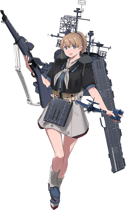 1girl :d aircraft airplane bangs bare_arms between_fingers black_jacket blue_eyes blue_footwear breasts bullet collared_jacket cropped_jacket dress eyebrows f6f_hellcat flight_deck full_body grey_dress grey_legwear gun hair_between_eyes hair_tie holding holding_gun holding_weapon intrepid_(kantai_collection) jacket kantai_collection large_breasts leg_up light_brown_hair m1903_springfield machinery miniskirt neck_pillow neckerchief official_art open_clothes open_jacket open_mouth pillow ponytail rifle rigging shibafu_(glock23) short_hair short_sleeves simple_background skirt sling_(weapon) slippers smile socks solo tareme transparent_background weapon