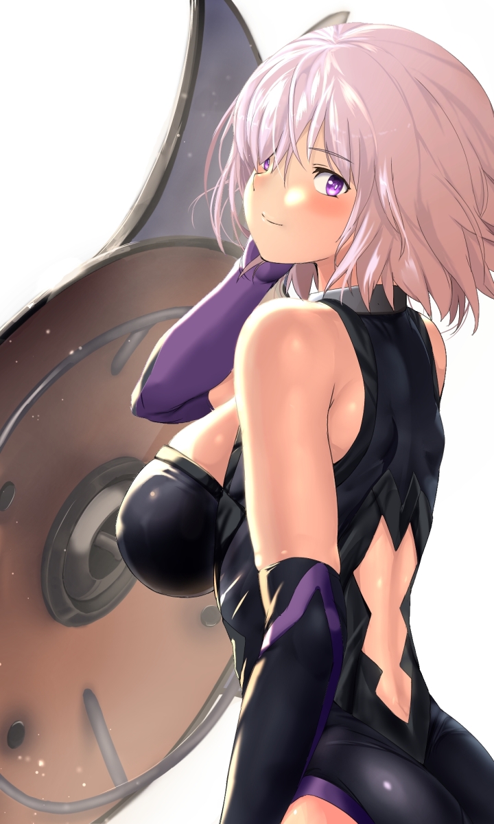 1girl arm_at_side ass back back_cutout bangs bare_shoulders black_gloves black_leotard blurry bokeh breasts closed_mouth commentary_request cowboy_shot depth_of_field elbow_gloves eyebrows_visible_through_hair fate/grand_order fate_(series) from_side gloves gorget hair_between_eyes halterneck hand_in_hair hand_up highres impossible_clothes impossible_leotard large_breasts leotard light_smile looking_at_viewer looking_back looking_to_the_side mash_kyrielight multicolored multicolored_clothes multicolored_gloves parted_bangs pekoneko purple_gloves revision shield short_hair sideboob simple_background smile solo standing turtleneck violet_eyes white_background white_hair