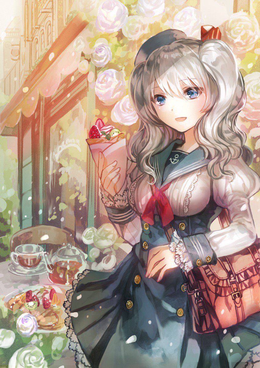 1girl :d anchor_symbol bag blue_dress blue_eyes blue_hat blue_sailor_collar breasts crepe cup dress eyebrows_visible_through_hair food fruit hair_ornament hat highres holding holding_food kantai_collection kashima_(kantai_collection) large_breasts neckerchief open_mouth outdoors red_neckwear rioka_(southern_blue_sky) sailor_collar shoulder_bag silver_hair smile solo standing strawberry table teacup twintails twintails_day