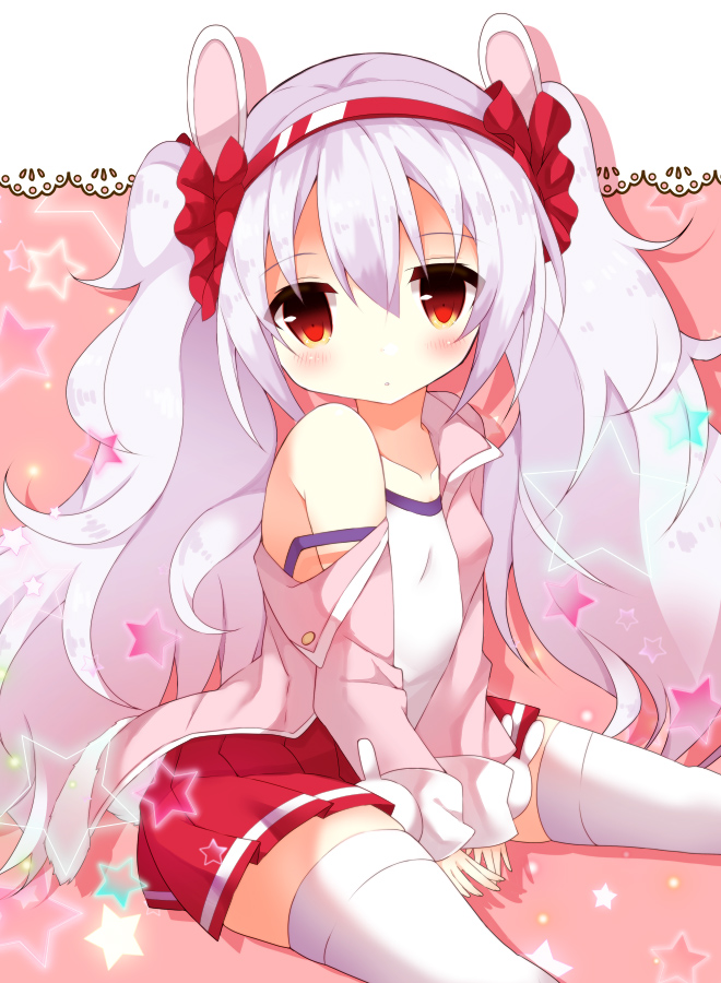 1girl :o animal_ears azur_lane bangs between_legs blush collarbone commentary_request eyebrows_visible_through_hair fuuna_thise hair_between_eyes hair_ornament hairband hand_between_legs jacket laffey_(azur_lane) long_hair long_sleeves looking_at_viewer off_shoulder open_clothes open_jacket parted_lips pink_jacket pleated_skirt rabbit_ears red_eyes red_hairband red_skirt silver_hair sitting skirt sleeves_past_wrists solo star strap_slip thigh-highs twintails very_long_hair white_camisole white_legwear