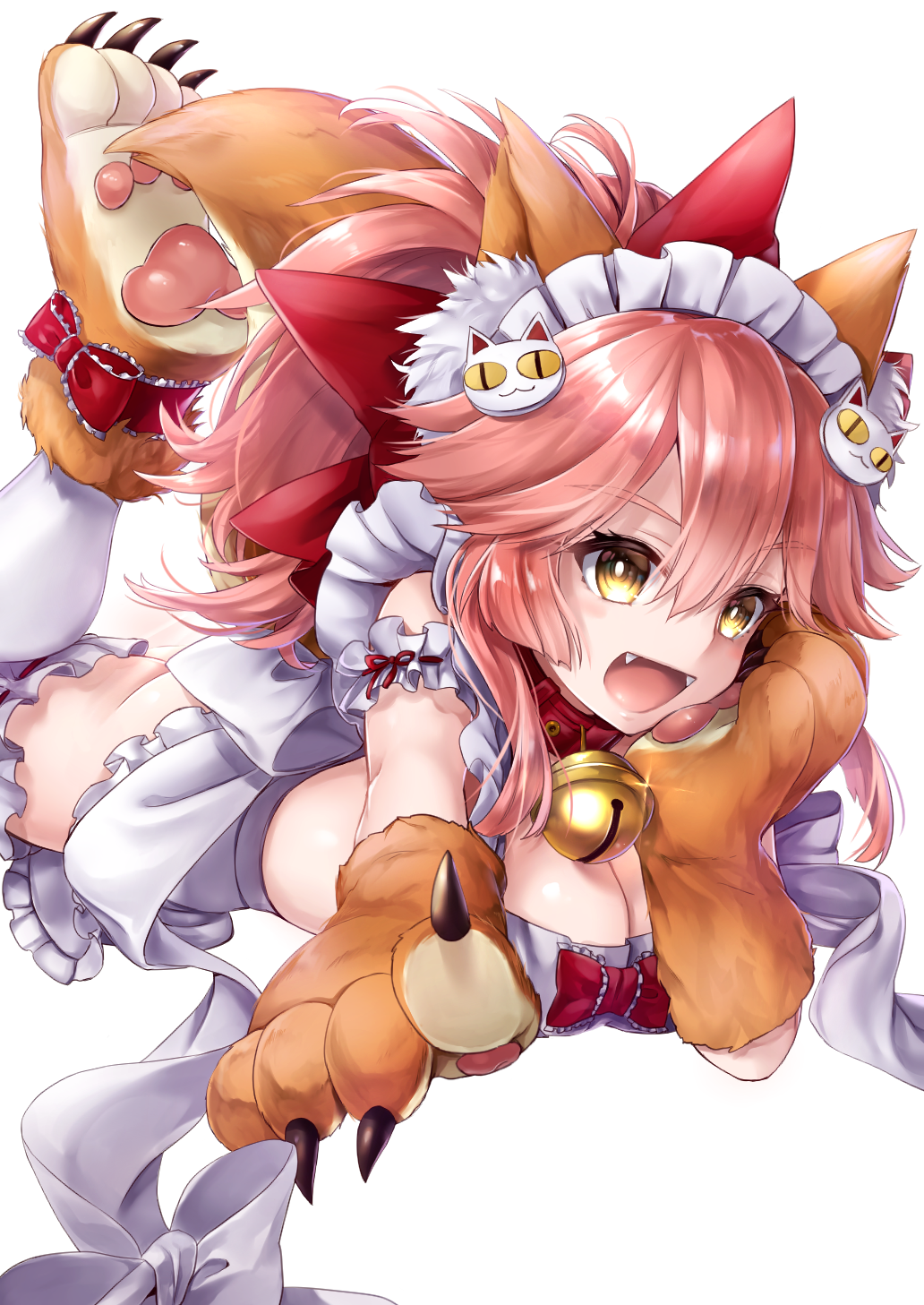 1girl animal_ears bangs bell bent_knees bonnet bow breasts cat cat_day claws cleavage collar commentary_request dress eyebrows_visible_through_hair fangs fate/grand_order fate_(series) hair_between_eyes hane_yuki highres long_hair looking_at_viewer lying on_stomach open_mouth paws purple_dress red_bow red_collar redhead revision short_sleeves simple_background tamamo_(fate)_(all) tamamo_cat_(fate) yellow_eyes