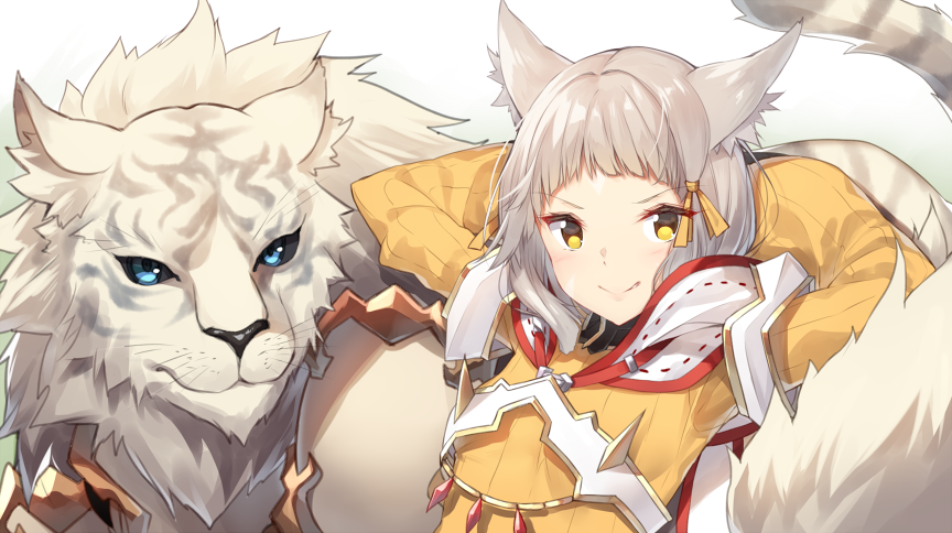 1girl animal animal_ears bangs blue_eyes blunt_bangs bodysuit byakko_(xenoblade) cat_ears fire_emblem gloves hood looking_at_viewer niyah short_hair silver_hair simple_background smile tiger white_gloves xenoblade xenoblade_2 yappen yellow_eyes