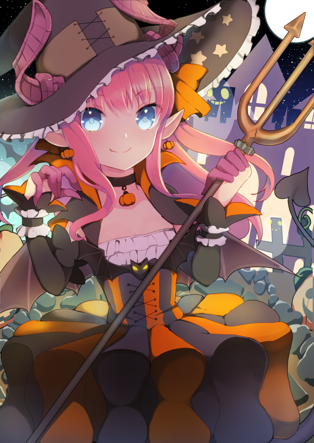 1girl ameshizuku_natsuki bangs bat_wings black_choker black_hat blue_eyes blush brown_wings choker closed_mouth commentary_request curled_horns dragon_girl dragon_horns dress earrings elizabeth_bathory_(fate)_(all) elizabeth_bathory_(halloween)_(fate) eyebrows_visible_through_hair fang fang_out fate/grand_order fate_(series) fence food_themed_earrings frilled_hat frills full_moon hair_between_eyes halloween hat holding horns horns_through_headwear jewelry long_hair long_sleeves looking_at_viewer moon night night_sky outdoors pink_hair pointy_ears polearm pumpkin_earrings sky smile solo star star_(sky) star_print starry_sky striped tail trident vertical-striped_dress vertical_stripes very_long_hair weapon wings witch_hat