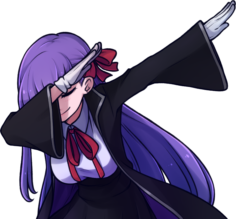 1girl bb_(fate/extra_ccc) black_skirt blush breasts closed_eyes dab_(dance) fate/extra fate/extra_ccc fate/grand_order fate_(series) gloves hair_ribbon large_breasts long_hair long_sleeves purple_hair red_ribbon ribbon skirt smug solo speckticuls transparent_background very_long_hair white_gloves wide_sleeves