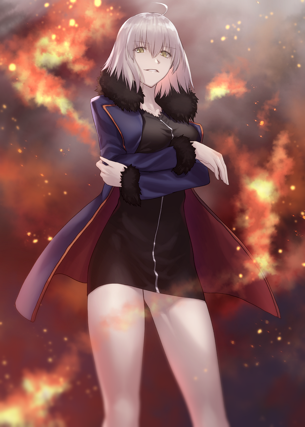 1girl ahoge black_dress blue_cape cape crossed_arms dress eyebrows_visible_through_hair fate/grand_order fate_(series) from_below hair_between_eyes highres jeanne_d'arc_(alter)_(fate) jeanne_d'arc_(fate)_(all) lip-mil looking_at_viewer parted_lips short_dress silver_hair smile solo standing yellow_eyes