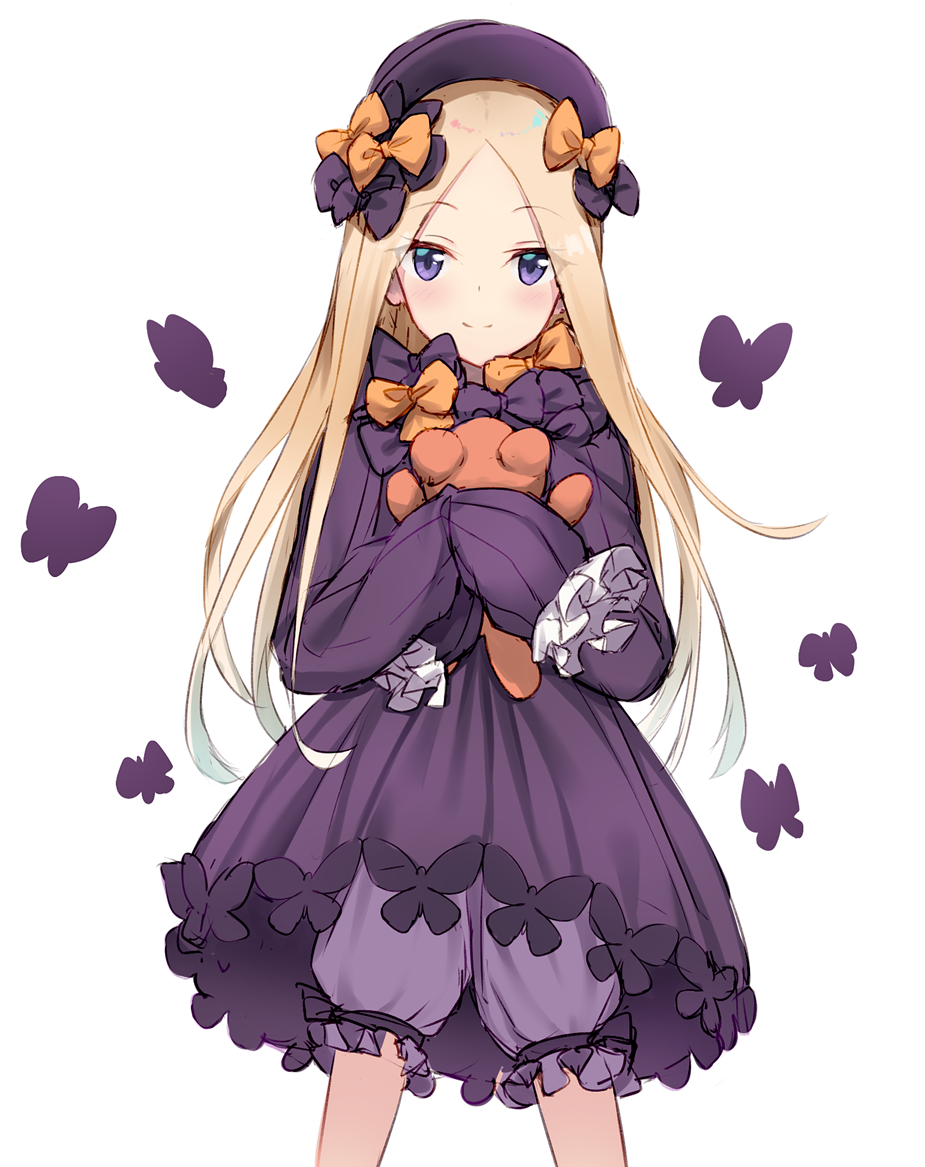 1girl abigail_williams_(fate/grand_order) bangs black_bow black_dress black_hat blonde_hair bloomers blush bow butterfly closed_mouth dress eyebrows_visible_through_hair fate/grand_order fate_(series) forehead hair_bow hat long_hair long_sleeves looking_at_viewer object_hug orange_bow parted_bangs polka_dot polka_dot_bow simple_background sleeves_past_fingers sleeves_past_wrists smile solo stuffed_animal stuffed_toy teddy_bear underwear very_long_hair violet_eyes white_background white_bloomers yukarite