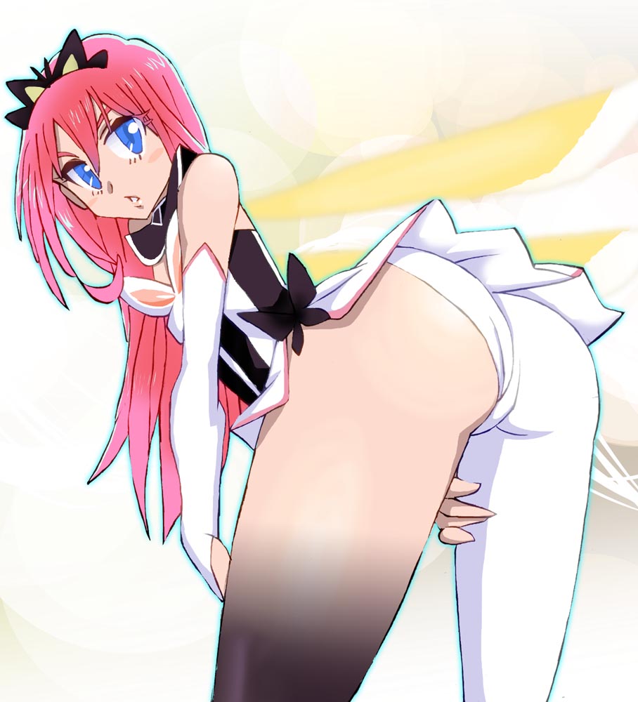 1girl ass asymmetrical_clothes commentary_request flip_flappers from_behind graphite_(medium) looking_at_viewer looking_back millipen_(medium) onnaski open_mouth pure_blade single_pantsleg solo thighs traditional_media