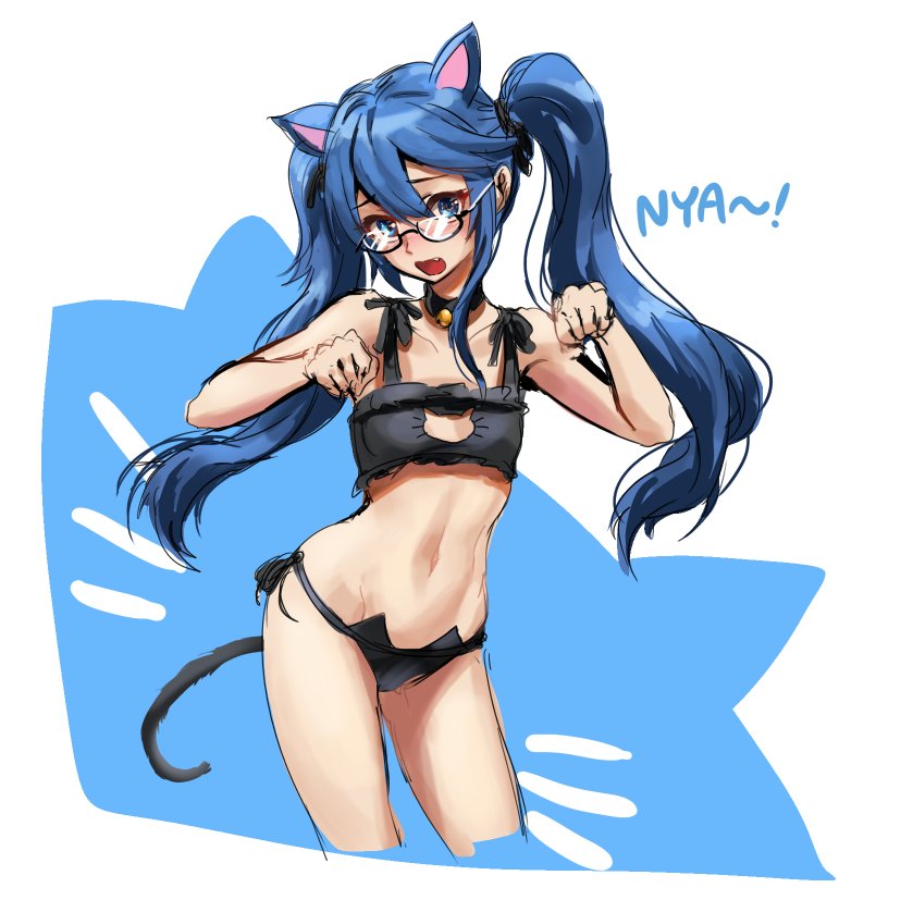 1girl animal_ears athenawyrm bell bell_choker blue_eyes blue_hair blush cat_cutout cat_day cat_ear_panties cat_ears cat_lingerie cat_tail choker cleavage_cutout fang fire_emblem fire_emblem:_kakusei glasses kemonomimi_mode long_hair looking_at_viewer lucina meme_attire navel open_mouth panties paw_pose side-tie_panties solo tail tiara twintails underwear