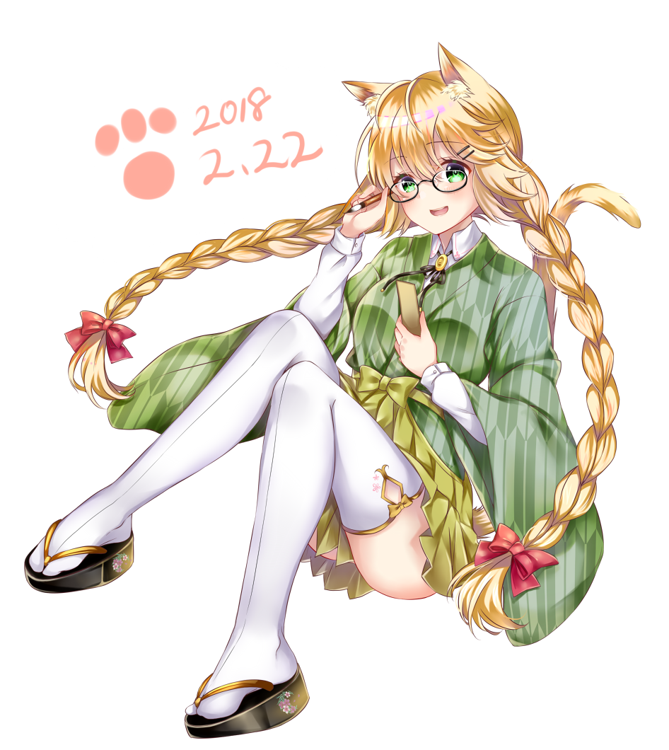 1girl :d animal_ears bangs black-framed_eyewear black_footwear blonde_hair blush bow braid breasts calligraphy_brush cat_ears cat_girl cat_tail commentary_request dated eyebrows_visible_through_hair full_body glasses green_eyes green_hakama green_kimono hair_between_eyes hair_bow hair_ornament hairclip hakama hakama_skirt holding_paintbrush japanese_clothes kimono long_hair low_twintails mashiro_aa open_mouth original paintbrush print_kimono red_bow simple_background small_breasts smile solo tabi tail thigh-highs twin_braids twintails upper_teeth very_long_hair white_background white_legwear yagasuri zouri