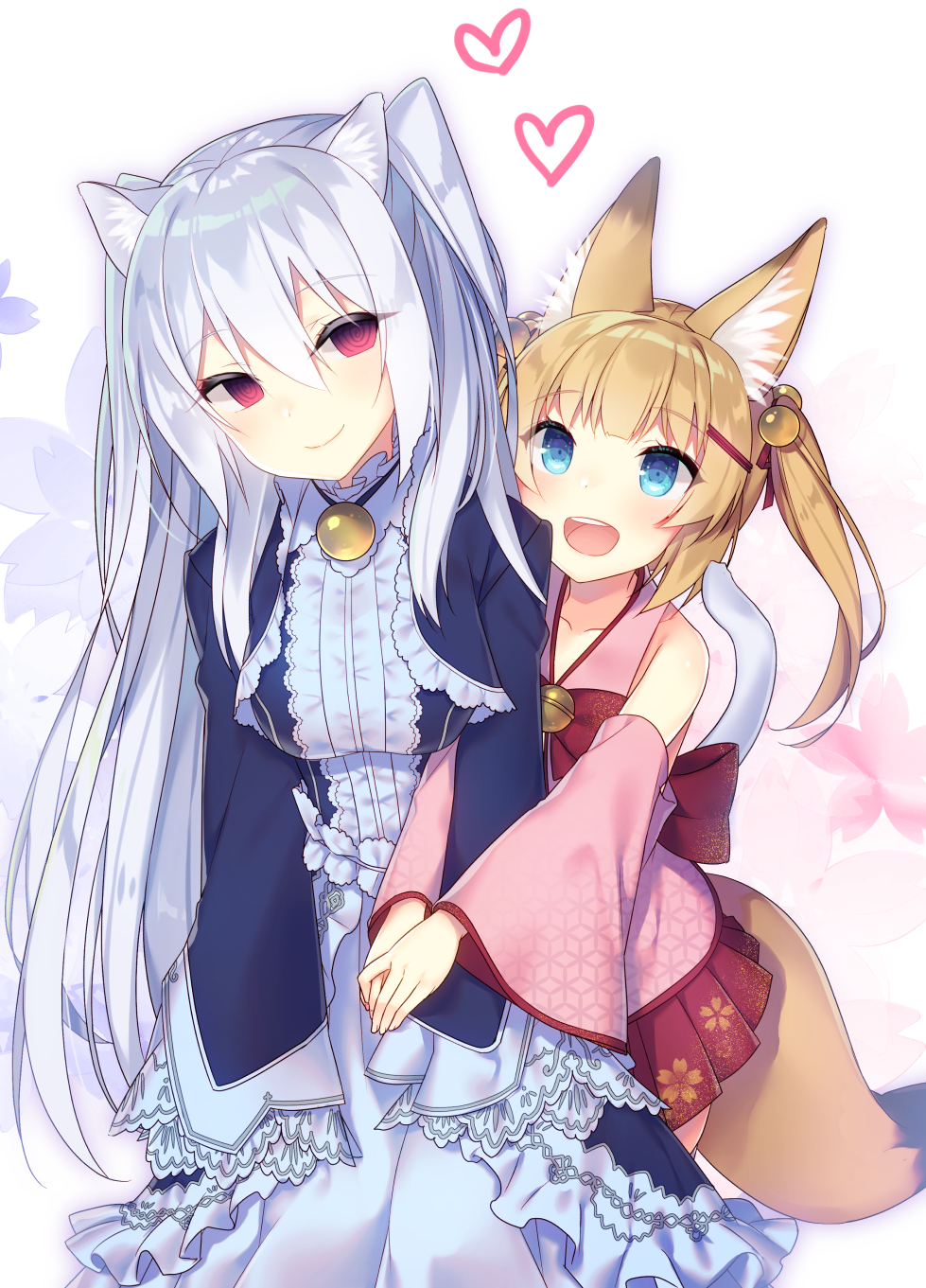 2girls al_bhed_eyes animal_ears arm_hug bare_shoulders black_dress blonde_hair blue_eyes blue_flower closed_mouth collarbone commentary_request crossover detached_sleeves dress floral_print flower fox_ears fox_girl fox_tail hair_bobbles hair_ornament hair_ribbon hairclip heart highres kemomimi_vr_channel long_hair long_sleeves looking_at_another mikoko_(kemomimi_vr_channel) multiple_girls nora_cat nora_cat_channel pink_flower pleated_skirt print_skirt red_eyes red_ribbon red_skirt ribbon silver_hair skirt sleeveless sleeves_past_fingers sleeves_past_wrists tahya tail twintails very_long_hair white_background wide_sleeves