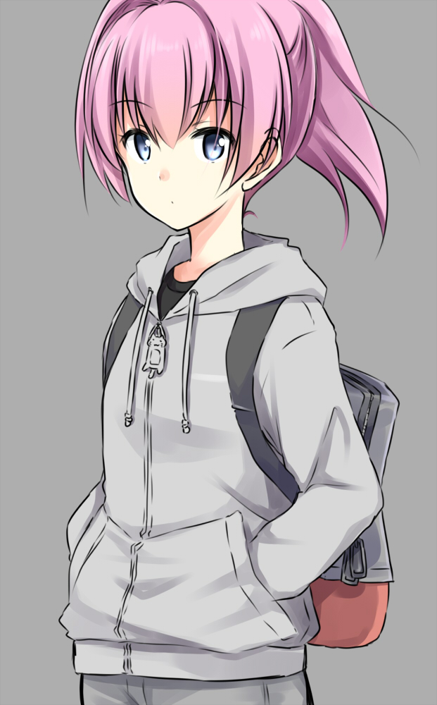 1girl akane_souichi bag black_shirt blue_eyes eyebrows_visible_through_hair grey_background grey_pants grey_sweater hair_between_eyes hands_in_pocket harusame_(kantai_collection) hood hooded_sweater kantai_collection looking_at_viewer pants pink_hair ponytail shirt simple_background solo standing sweater