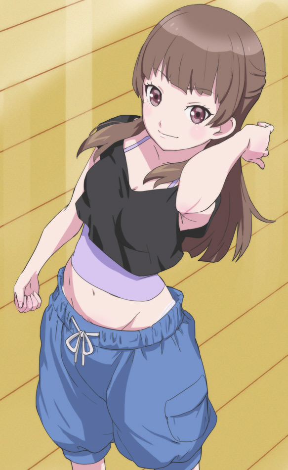 1girl brown_eyes brown_hair character_request clenched_hand closed_mouth eyebrows_visible_through_hair haruyama_kazunori long_hair looking_at_viewer midriff navel smile solo standing wake_up_girls!