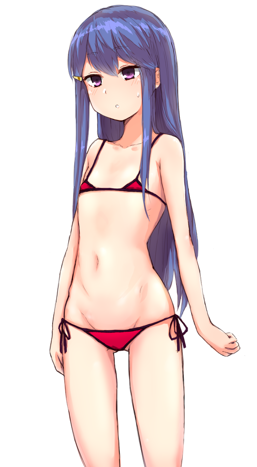 1girl bikini blue_hair blush collarbone eyebrows_visible_through_hair flat_chest groin hair_ornament hairclip head_tilt long_hair micro_bikini navel parted_lips pink_eyes red_bikini shima_rin side-tie_bikini solo standing sweatdrop swimsuit varitora white_background yurucamp