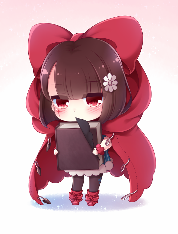 1girl black_legwear book bow brown_hair character_request chibi chunithm cloak dress eyebrows_visible_through_hair facial_mark flower hair_bow hair_flower hair_ornament holding holding_book pantyhose quill red_bow red_eyes red_footwear sanotsuki solo sparkle standing white_background