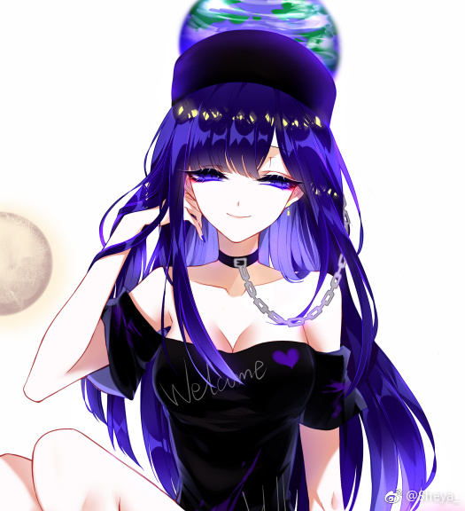 1girl bare_shoulders black_shirt blue_eyes blue_hair breasts chains cleavage clothes_writing collar collarbone commentary_request earrings earth_(ornament) hand_in_hair heart hecatia_lapislazuli houseki_no_kuni jewelry knees_up lapis_lazuli_(houseki_no_kuni) long_hair looking_to_the_side medium_breasts moon_(ornament) off-shoulder_shirt off_shoulder polos_crown sheya shirt simple_background sitting smile solo touhou upper_body very_long_hair weibo_logo weibo_username white_background