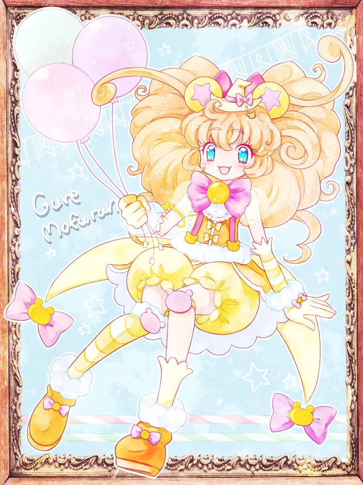 1girl :d animal_ears balloon bear_ears blonde_hair bloomers blue_background blue_eyes bow brooch character_name cure_mofurun hat jewelry kneehighs long_hair looking_at_viewer magical_girl mahou_girls_precure! mini_hat mini_witch_hat mofurun_(mahou_girls_precure!) nene_(oneoneo13) open_mouth orange_footwear personification pink_bow precure shoes single_kneehigh smile solo star star_in_eye striped striped_legwear symbol_in_eye underwear witch_hat yellow_bloomers yellow_hat yellow_legwear