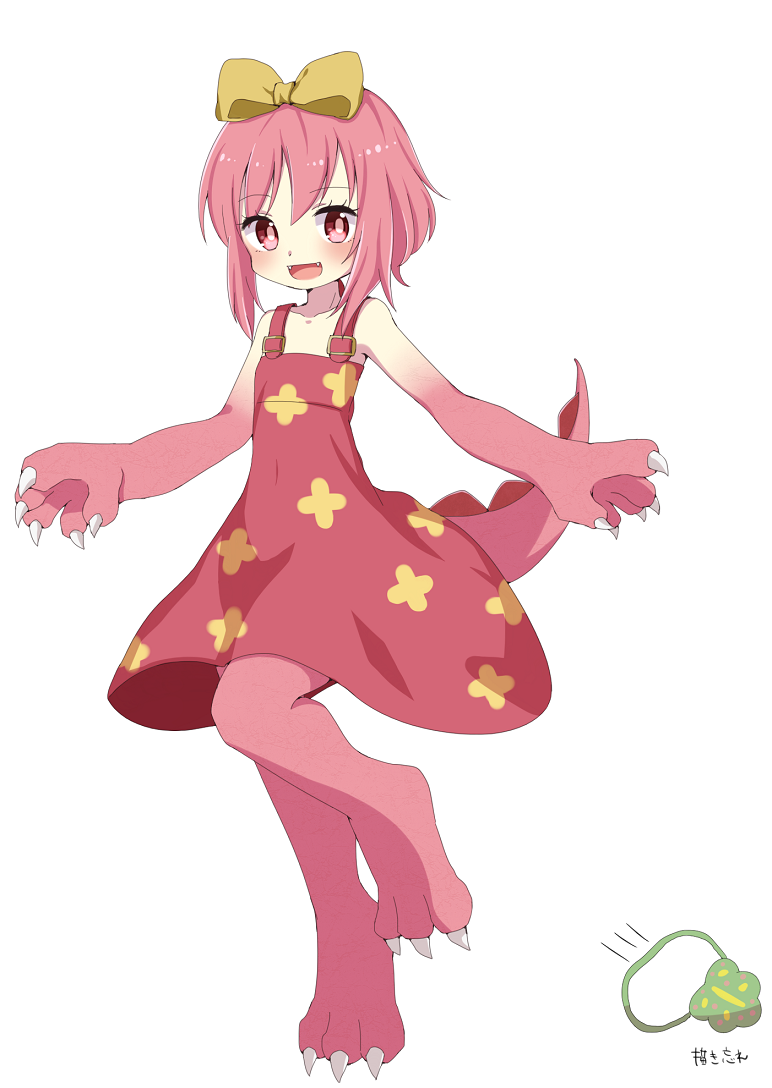 1girl :d bangs bare_arms bare_shoulders blush bow claws collarbone dress eyebrows_visible_through_hair fangs hair_between_eyes hair_bow kamaboko_(mato225) long_hair looking_at_viewer monster_girl open_mouth original paws pink_dress pink_hair print_dress red_eyes sidelocks sleeveless sleeveless_dress smile solo standing standing_on_one_leg translation_request white_background yellow_bow