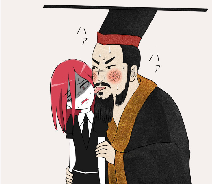 1boy androgynous arumikei beard black_hair blush chinese_clothes commentary face_licking facial_hair gem_uniform_(houseki_no_kuni) houseki_no_kuni licking mustache qin_shi_huang redhead shinsha_(houseki_no_kuni) simple_background