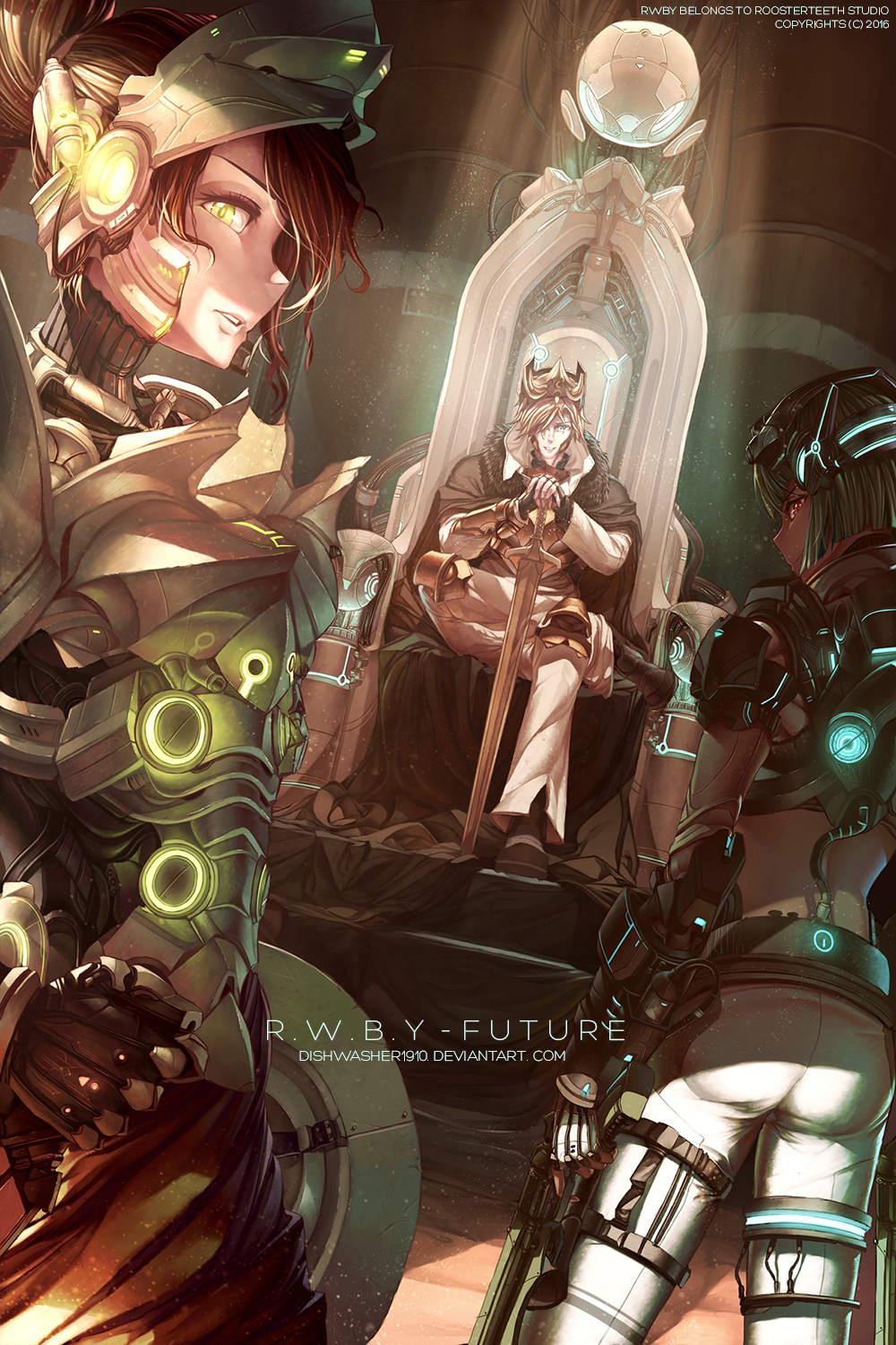 1boy 2girls alternate_universe cyborg dishwasher1910 emerald_sustrai highres jaune_arc multiple_girls neon_lights pyrrha_nikos rwby science_fiction sword throne weapon