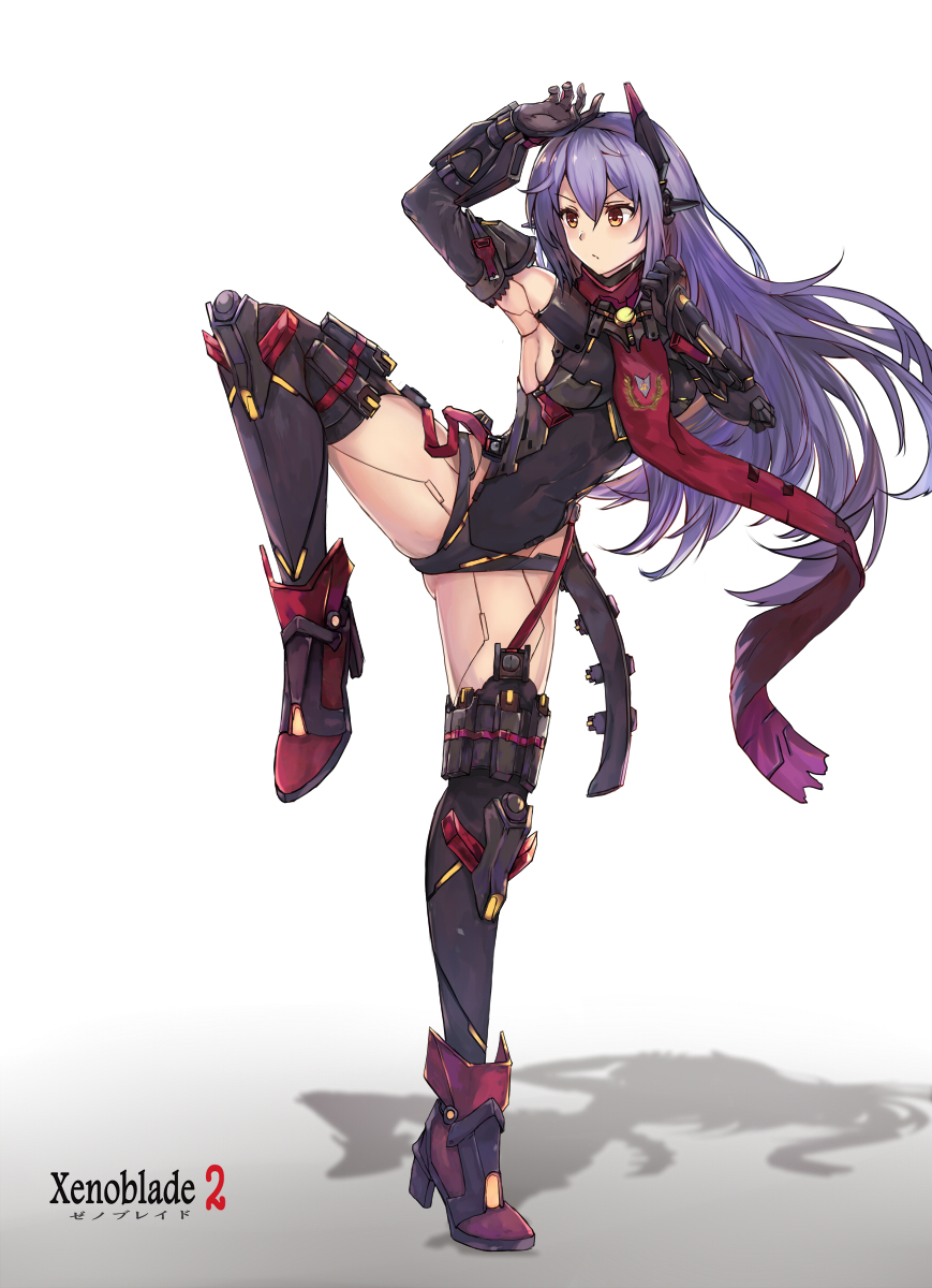 1girl android arm_up boots breasts copyright_name covered_navel elbow_gloves fighting_stance frown full_body garter_straps gloves hana_(xenoblade) hana_jd headgear high_heel_boots high_heels highleg highleg_leotard highres leg_up leotard long_hair medium_breasts orange_eyes purple_hair red_scarf robot_joints scarf shadow solo spoilers standing standing_on_one_leg white_background white_crow xenoblade_2