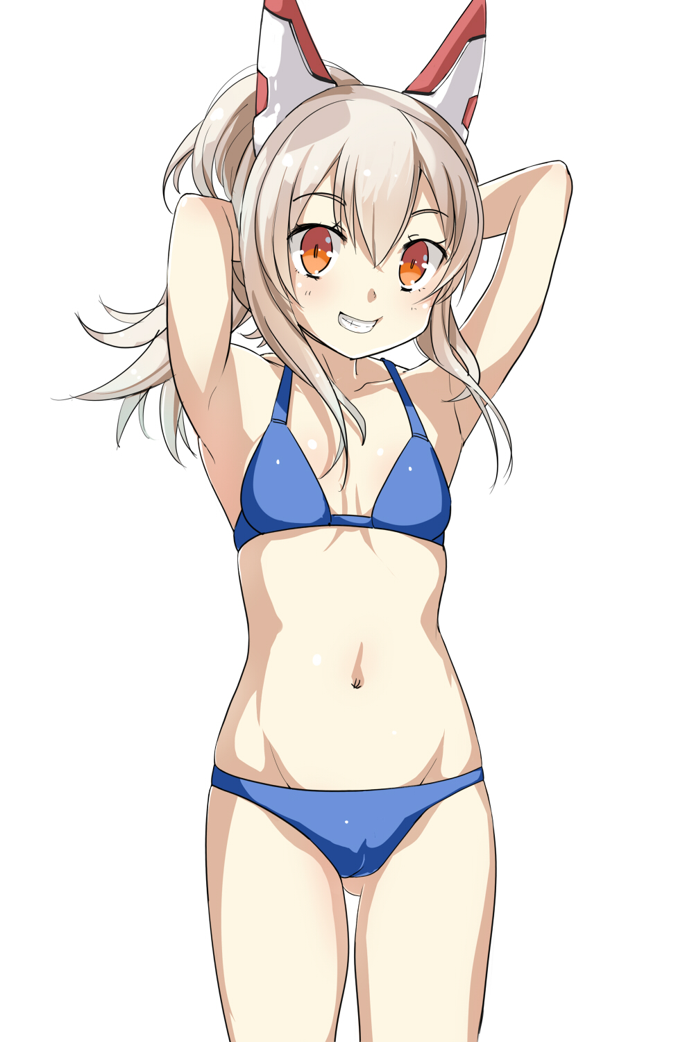 1girl arms_up azur_lane bikini blue_bikini character_request cowboy_shot flat_chest gluteal_fold grin highres kntrs_(knyrs) long_hair looking_at_viewer navel orange_eyes ponytail silver_hair simple_background smile solo swimsuit white_background