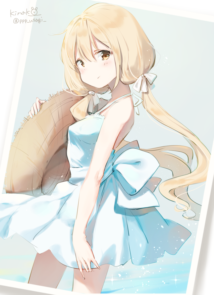 1girl artist_name bare_arms bare_shoulders blonde_hair blue_dress blue_nails brown_hair closed_eyes cowboy_shot double_bun dress from_side futaba_anzu hair_ribbon hat hat_removed headwear_removed highres holding holding_hat idolmaster idolmaster_cinderella_girls long_hair looking_to_the_side low_twintails nail_polish photo_(object) ribbon shiratama_akane sleeveless sleeveless_dress smile solo sparkle standing straw_hat tareme twintails white_ribbon